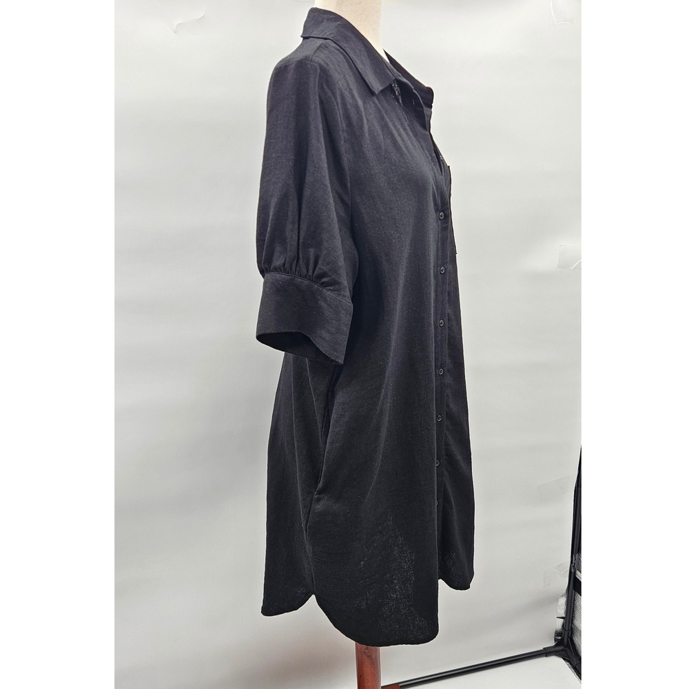 Old Navy Black Linen Blend Short Puff Sleeve Button Down Shirt Dress Pockets - Picture 3 of 10